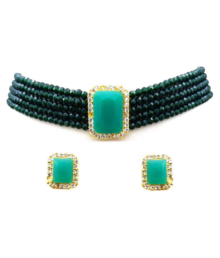     			Jewar Mandi Brass Green Designer Necklaces Set Choker