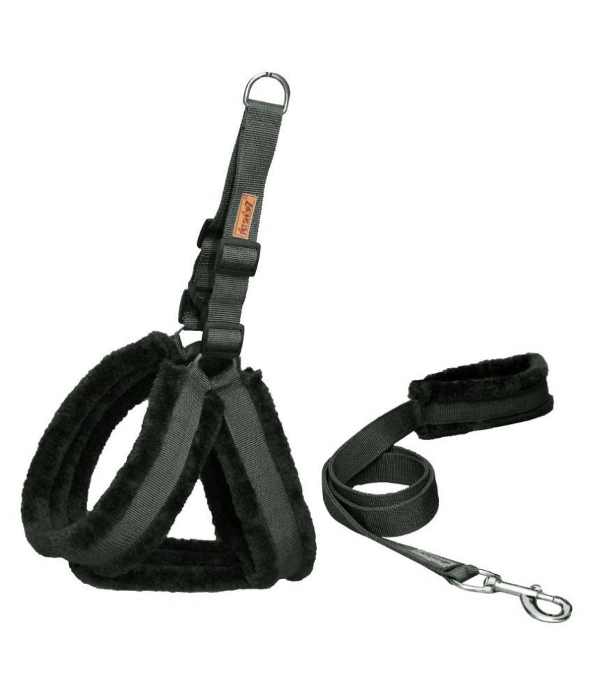     			Petshop7 Premium Qualtiy Fur Padded Nylon Dog Harness & Leash 0.75 inch -Small (Chest Size - 23-28inch)-Black