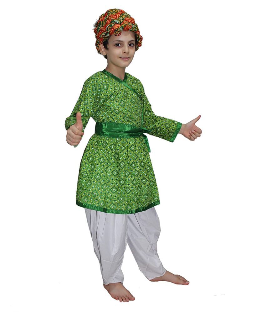     			Kaku Fancy Dresses Indian State Rajasthani Folk Dance Costume for Kids -Green, for Boys