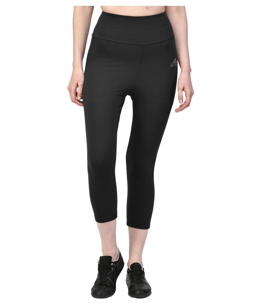     			ACTIWIN Black Polyester Lycra Solid Capri