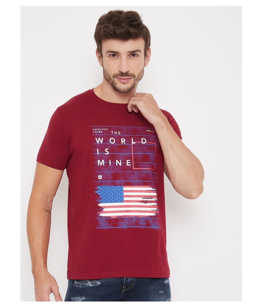     			BISHOP COTTON Cotton Lycra Maroon Printed T-Shirt