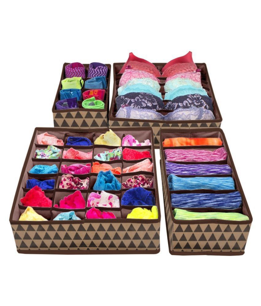     			PrettyKrafts 4 Piece Non Woven Foldable Drawer Organizer with Compartments,