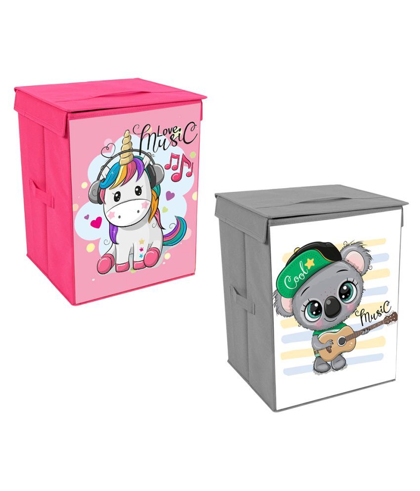     			PrettyKrafts Toys Organizer Storage Box with Top Lid for Baby Boy's and Baby Girl's Guitar-Unicorn Print(Pack of 2)