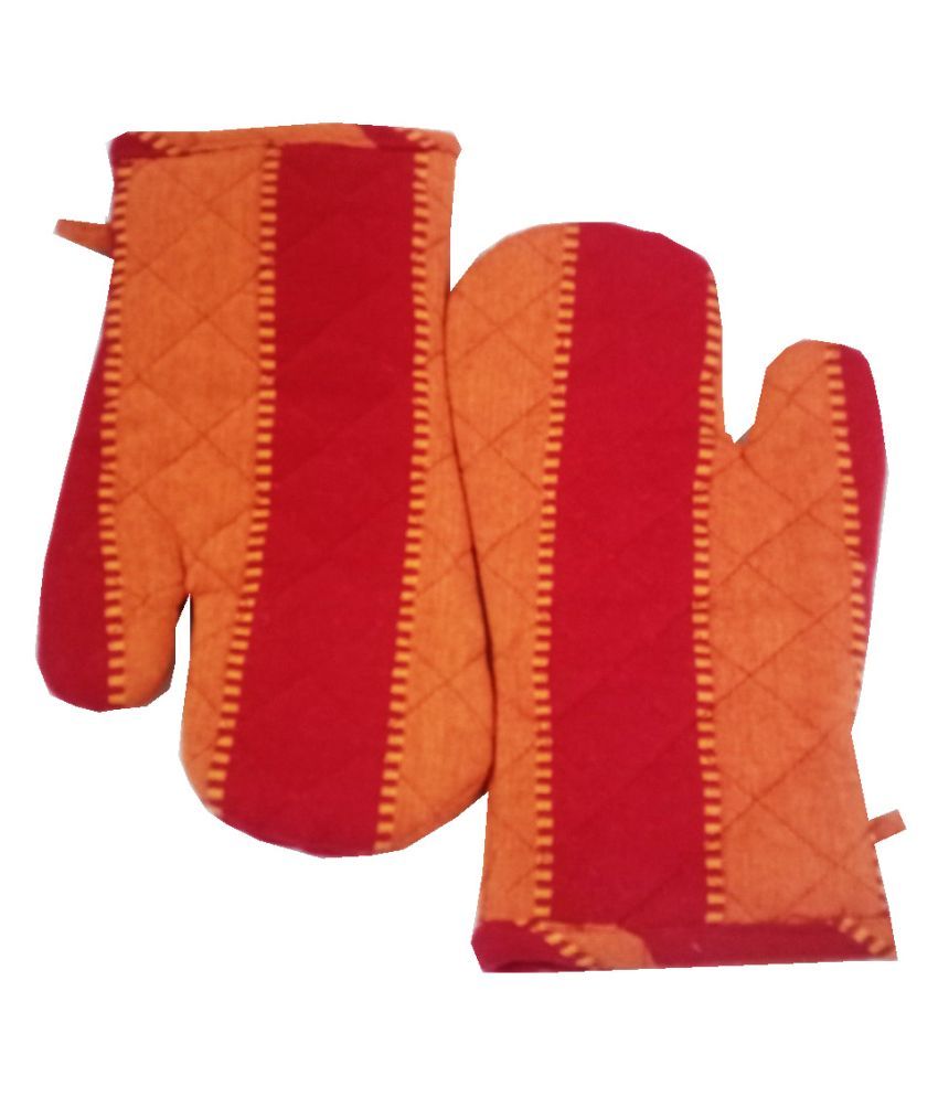     			Tidy Red with Yellow Color Stripes Design Cotton Oven Hand Glove - Pack of 2pcs