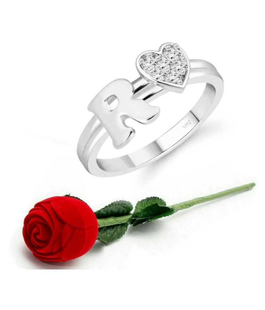     			Vighnaharta cz alloy Rhodium plated Valentine collection Initial '' R '' Letter with heart ring alphabet collection  with Scented Velvet Rose Ring Box for women and girls and your Valentine.