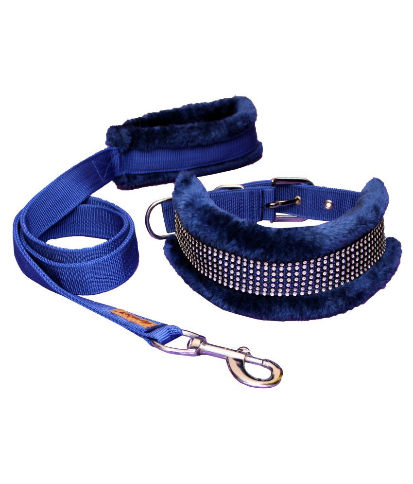     			Petshop7 Premium Quality Fur Padded Nylon Diamond Dog  Collar & Leash 1.25 inch - Large (Neck Adjustable Chest Size - 18- 22inch) Blue