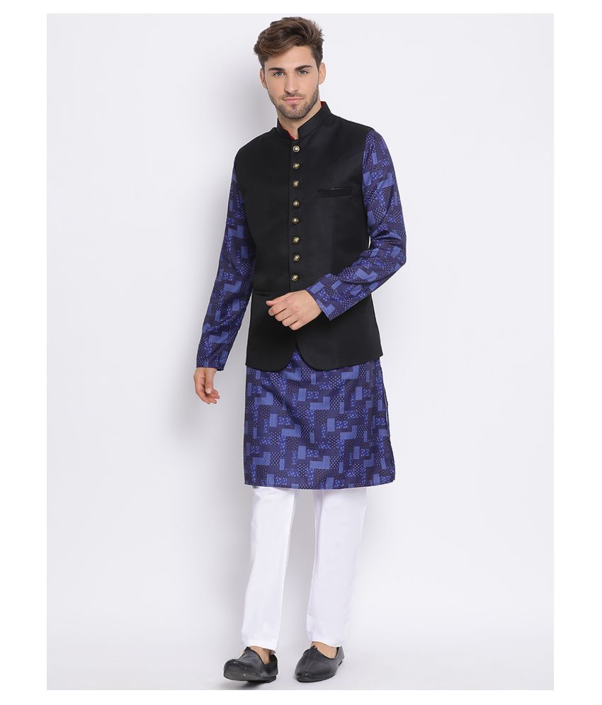     			Hangup Black Polyester Blend Kurta Pyjama Set