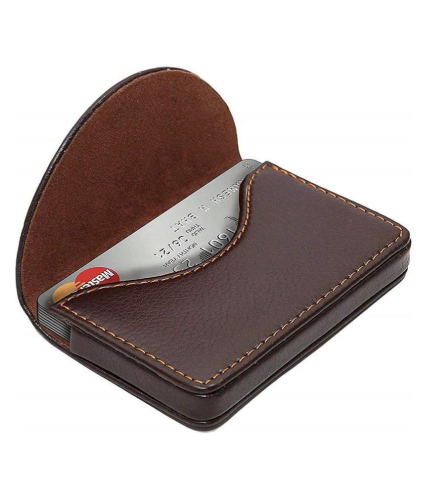     			PU Leather Pocket Sized Stitched Business Credit Card Holder with Magnetic Shut - Brown