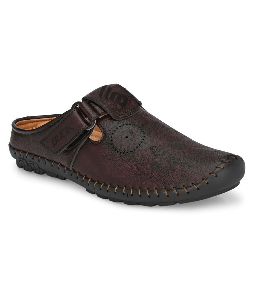 bucik men brown synthetic slip on leather sandals