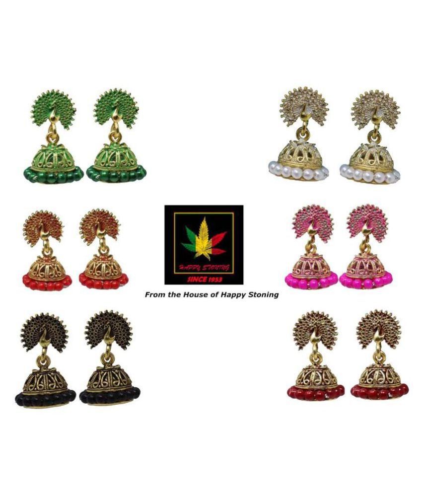     			Happy Stoning Aaadiyatri - Happy Stoning Golden Peacock Traditional Marriage Party Jhumkis Combo for Ladies | Womens Small Drop Jhumki Earrings Set of 6 for Wedding