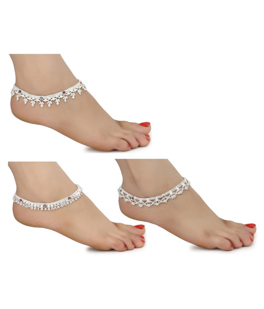     			AanyaCentric Combo of Three Pair Indian Traditional Ethnic Fancy Foot Jewelry Pure Silver Plated White Metal Alloy Ghunghru Payal Stylish Leg Chain Imitation Anklets for Women and Girls (Pack of 3)