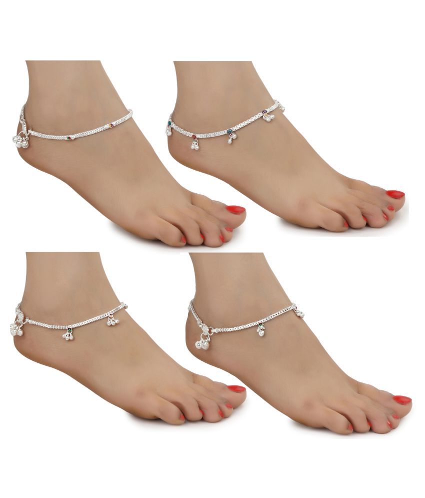     			AanyaCentric White Metal Payal High Quality Alloy Imitation Trendy Fancy Stylish Latest Design Silver Plated Anklets Combo for Girls and Women (Pack of 4 Pair)