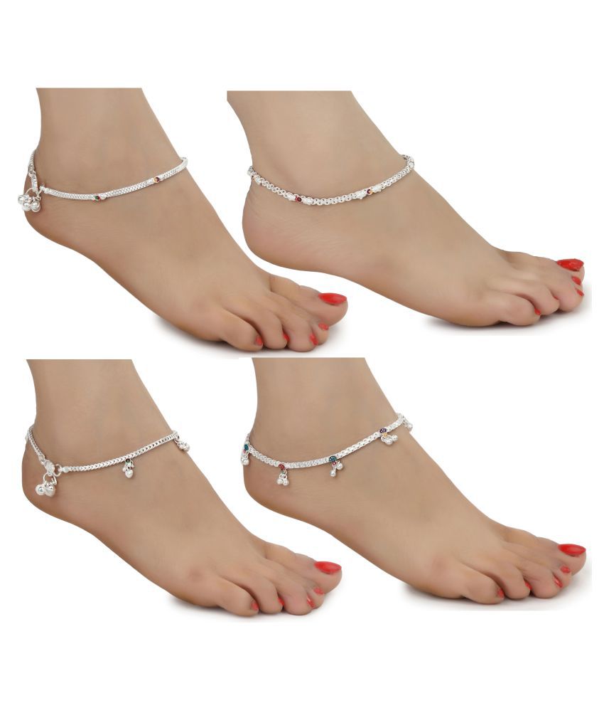     			AanyaCentric White Metal Premium Alloy Artificial Payals Antique Stylish Latest Design Traditional Anklets in Silver Plating for Woman and Girl (Set of 4 Pairs)