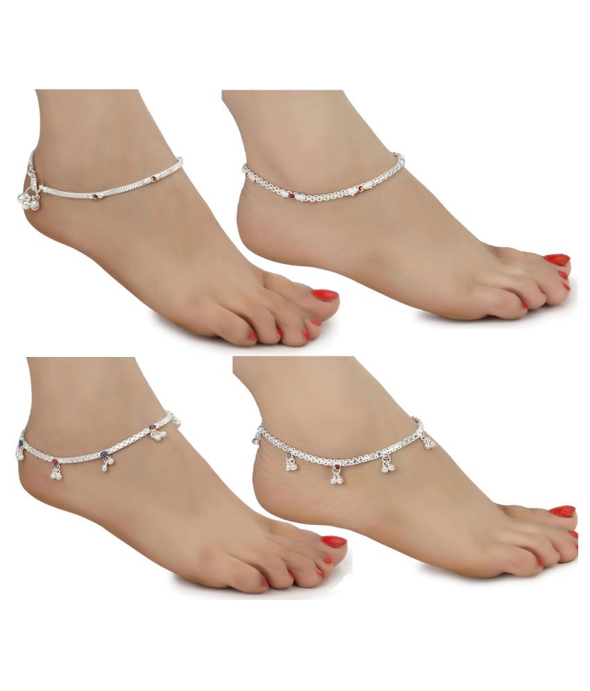     			AanyaCentric White Metal Premium Alloy Artificial Payals Antique Stylish Latest Design Traditional Anklets in Silver Plating for Woman and Girl (Set of 4 Pairs)