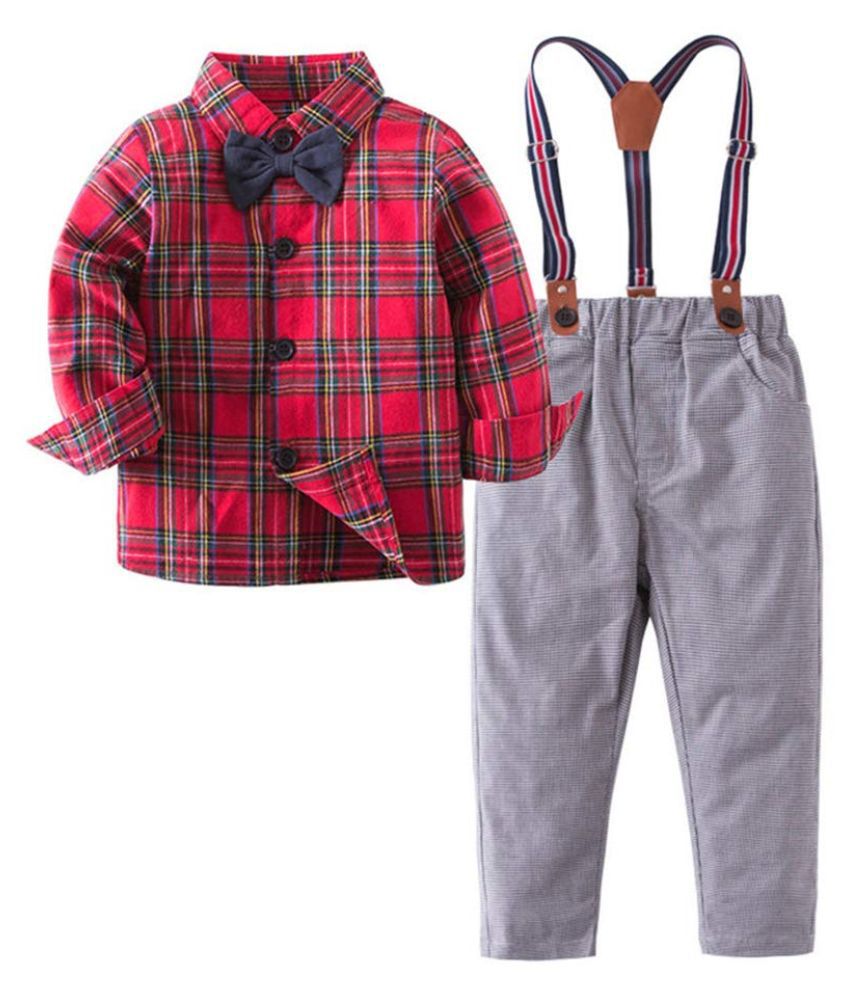 Hopscotch Boys Cotton And Polyester Checkered Print Full Sleeves Shirt With Suspender Pant And Bow in Red Color For Ages 5-6 Years (SN-2755378)