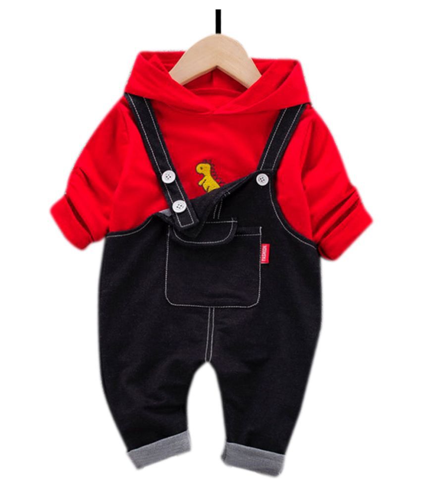 Hopscotch Boys Cotton And Spandex Full Sleeves Solid Hoodie And Dungaree Overall Set in Red Color For Ages 4-5 Years (XHZ-3252626)