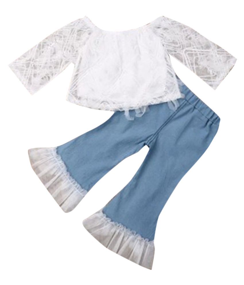 Hopscotch Girls Cotton And Organza Full Sleeves Solid Applique Top And Denim Capri Set in White Color For Ages 3-4 Years (FUF-3109543)