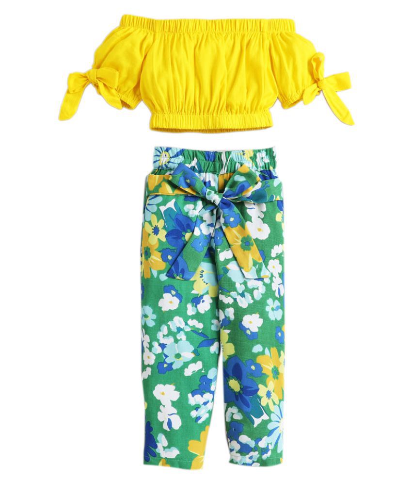 Hopscotch Girls Cotton Floral Printed Pant Set in Green Color For Ages 6-7 Years (0PT-3386490)