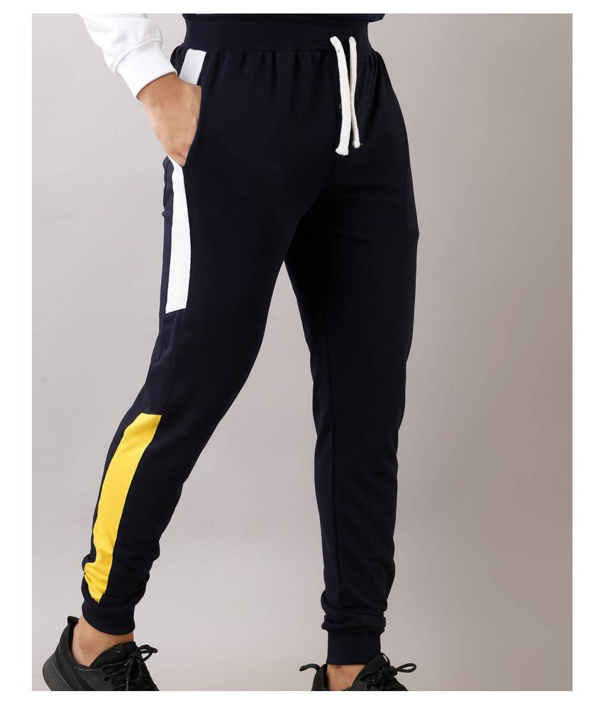 black joggers with yellow stripe