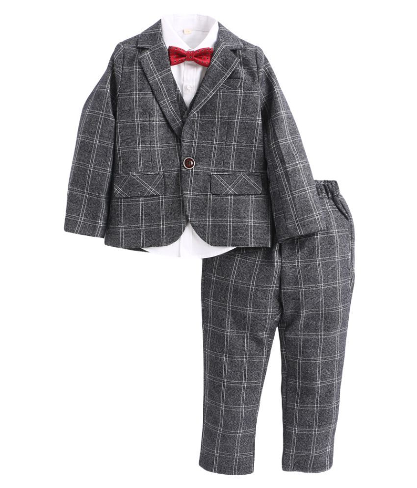 Hopscotch Boys Polyester Fiber Cotton Checked Applique Bow Shirt Waistcoat And Pant Set With Blazer in Gray Color For Ages 4-5 Years (HWT-2044704)
