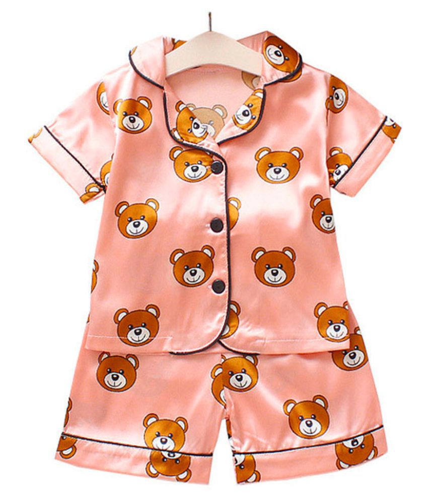Hopscotch Boys Silk Teddy Print Half Sleeves Shirt And Shorts Set in Pink Color For Ages 3-4 Years (LSB-2595637)