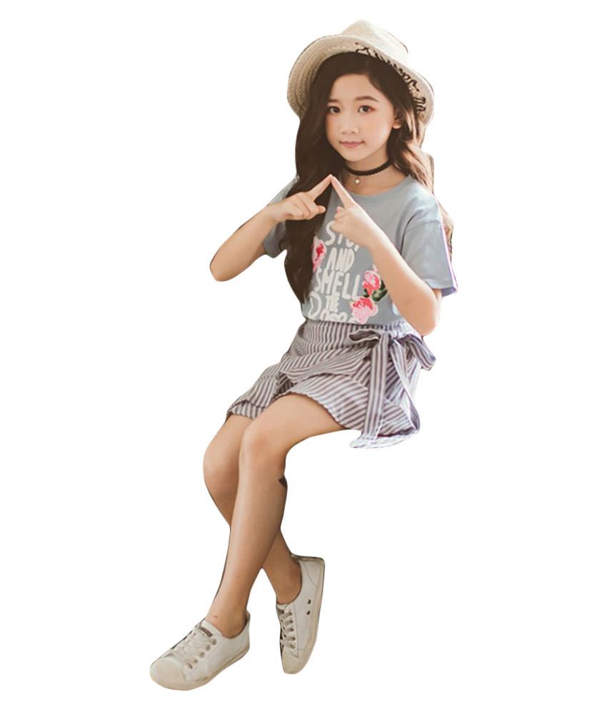 hopscotch girls cotton and polyester text print skirt set in blue color