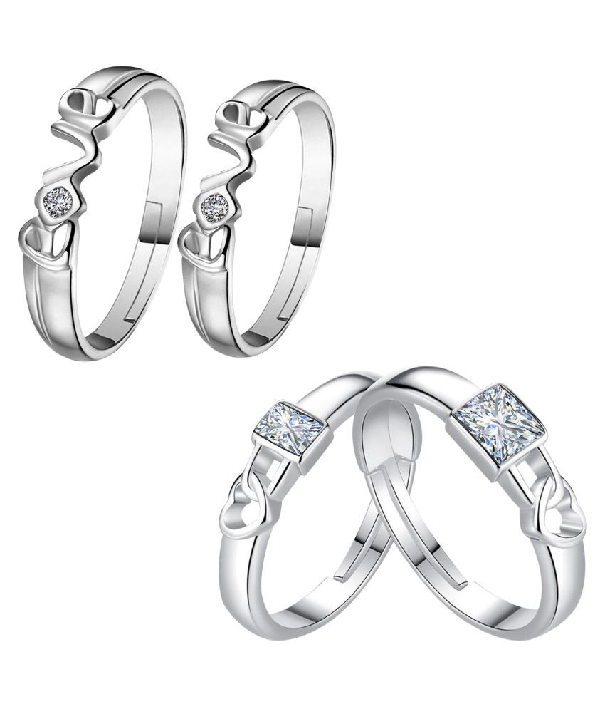     			Adjustable  Party Wear Couple Rings Set for lovers Silver Plated Solitaire for Men and Women 2 Pair