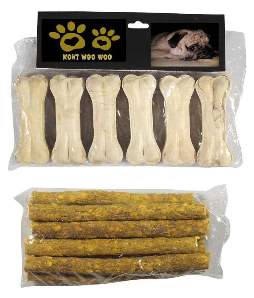     			KOKIWOOWOO Dog Bones Rawhide Bone 3' Inch Pressed Bone & Chew Sticks 450 Gm for Dog Combo of (Chew Stick+Bone)