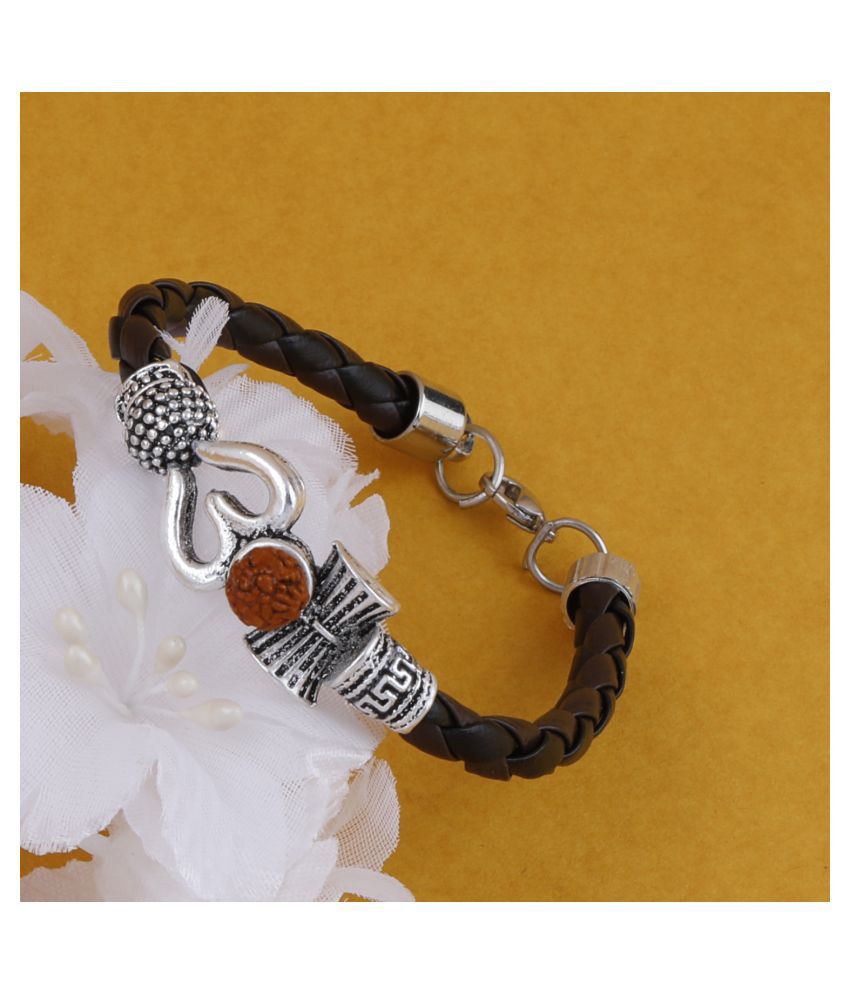     			Rudraksha OM Trishul Damroo Designer Oxidized Silver Bahubali Leather Kada Bracelet Unisex Bracelets for Men & Women