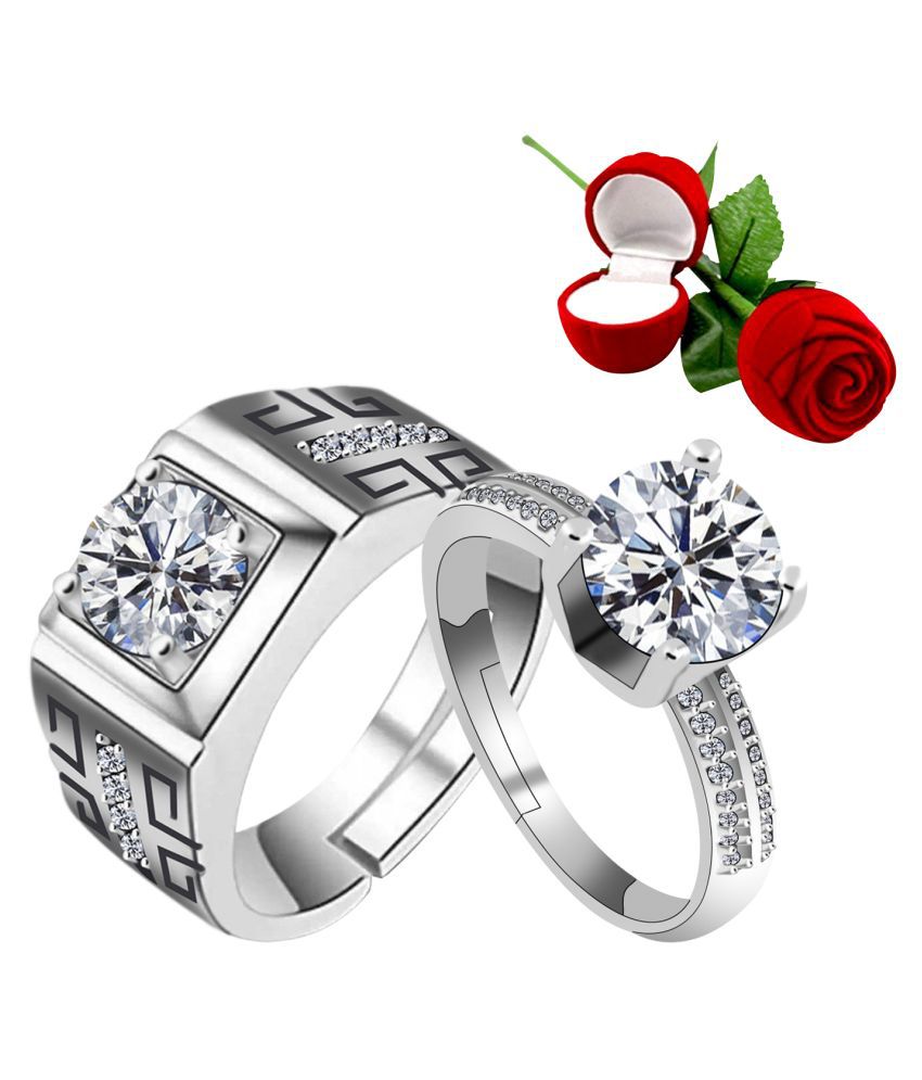     			Silver Plated Adjustable Couple Rings Set for lovers Ring with 1 Piece Red Rose Gift Box  for Men and Women