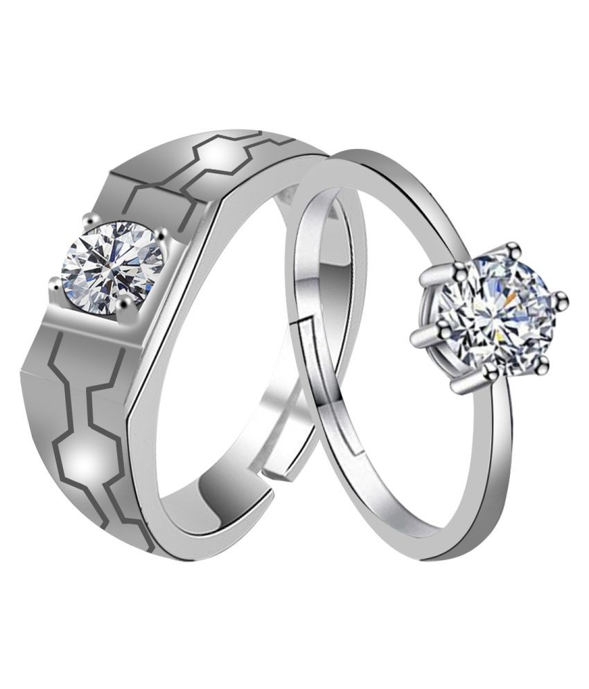     			silver plated round shiny one diamond and carving  with sharp look designer adjustable couple ring for men and women.