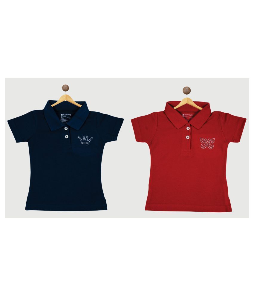     			Bodycare Kids Infantwear Girls Navy Blue & Red Printed Polo Neck T-Shirt pack of 2