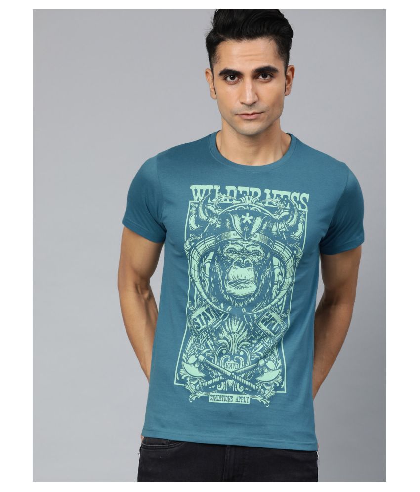     			Conditions Apply Cotton Blue Printed T-Shirt