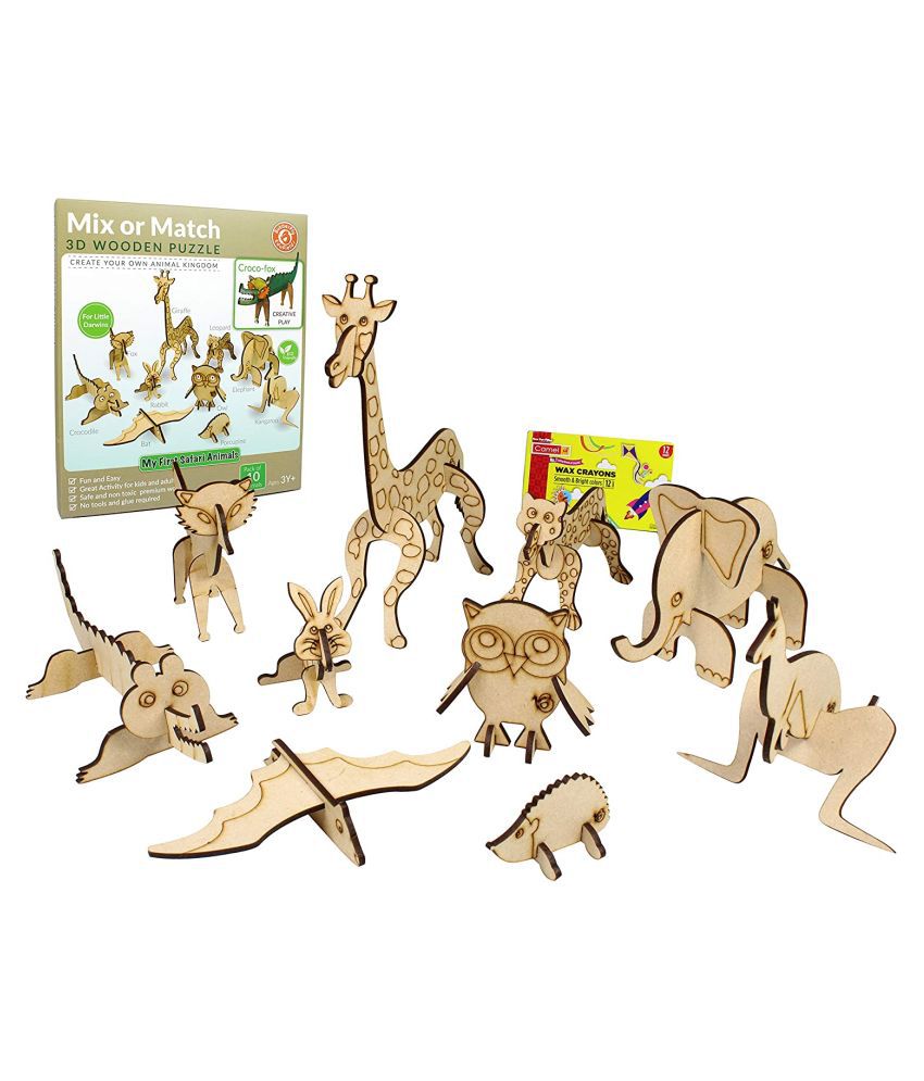 ButterflyEduFields 3D Animals Puzzles for Kids 10 Wildlife Wooden DIY Animals Toys for Kids Set 3 Years+ Boys & Girls | STEM Toy Made in India