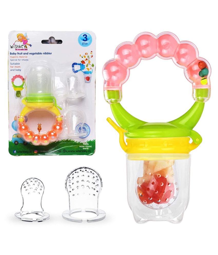     			WISHKEY BPA-free Silicone Food Nibbler With Extra 2 Different Size Mesh Nipple for Fruit and Veggie with Rattle Handle for Baby 3-12 Months ( Pack Of 1, Multicolor)