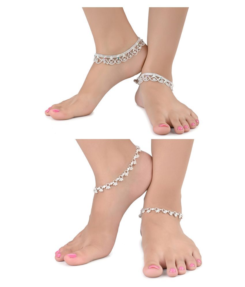     			AanyaCentric Combo of 2 Pair Silver Plated White Metal Indian Traditional Ethnic Payal Anklets