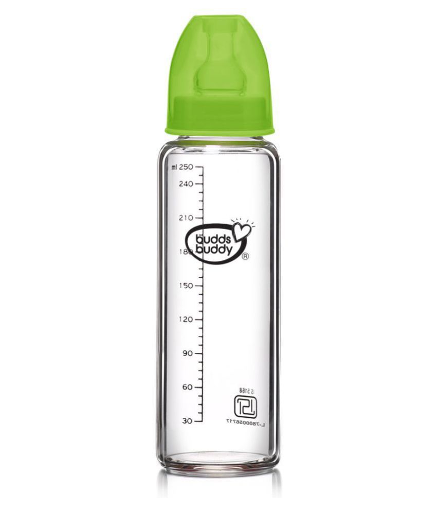 Buddsbuddy Choice+ BPA Free Regular Neck Baby Glass Feeding Bottle/baby milk bottle Green- 250 ml