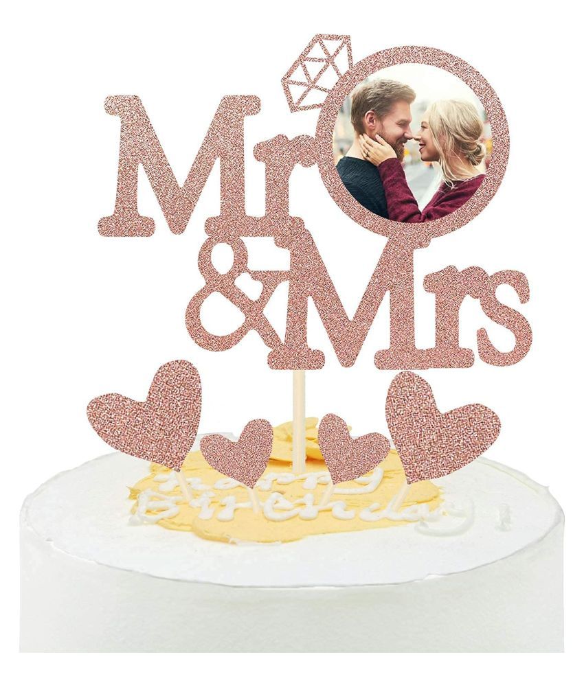     			Rose Gold Glitter Mr and Mrs Wedding Cake Topper with Diamond Ring Heart Cake Decorations Set for Wedding Bridal Shower Engagement Celebration Party Supplies - Pack of 5