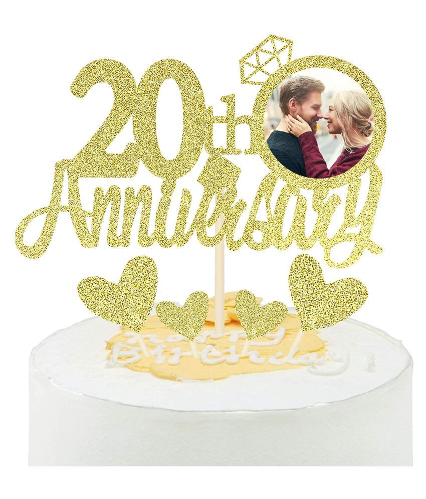     			Gold Glitter 20th Anniversary Cake Topper with Diamond Ring Heart Cake Decorations Set for 20th Wedding Graduation Retirement Company Celebration Party - Pack of 5
