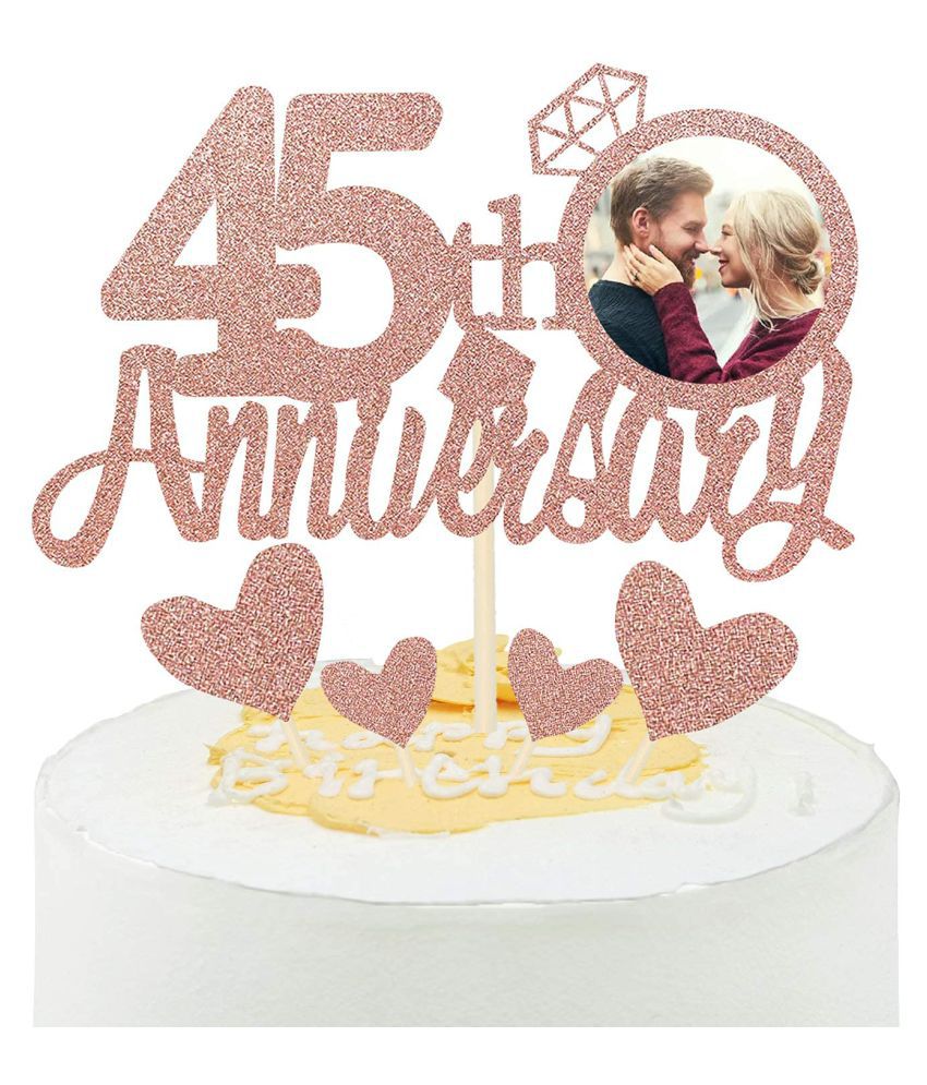     			Rose Gold Glitter 45th Anniversary Cake Topper with Diamond Ring Heart Cake Decorations Set for 45th Wedding Graduations, Retirement Company Celebration Party - Pack of 5