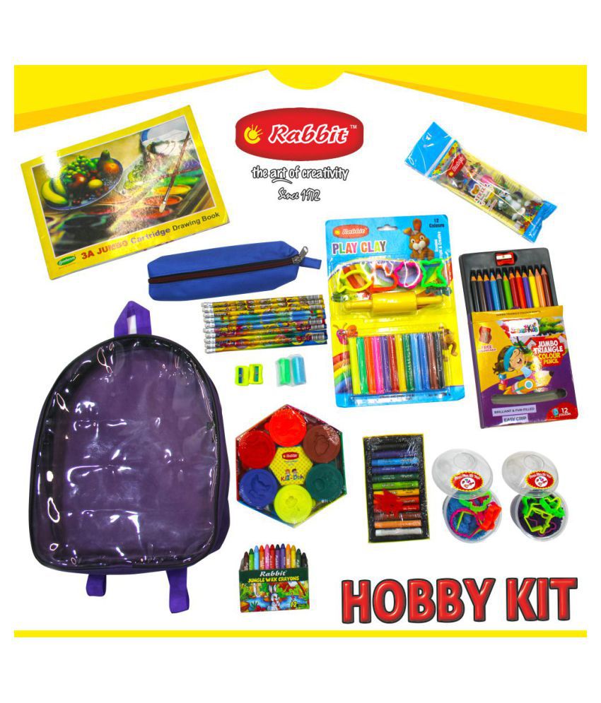 RABBIT Hobby Kit Bag for Kids|Play Doh Clay|Art Kit|HOBBY Stationery for Kids|Art Drawing Kit|12 Color Oil Pastels Wax Colors Color Pencils|Celebration Kit|Play Sand for Kids|HOBBY Bag of assorted Stationery|Drawing Book|Art Craft Kit|For 3+ Age