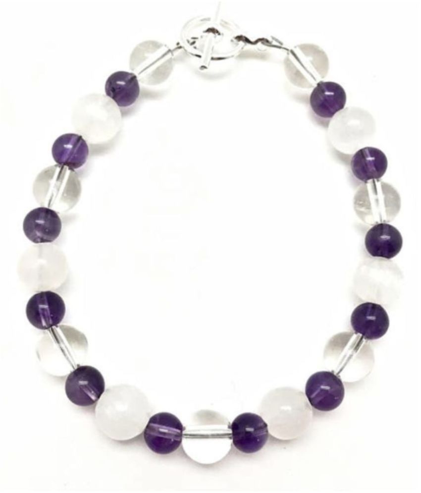     			8mm White Crystal Quartz, & Selenite & Purple Amethyst Natural Agate Stone Bracelet