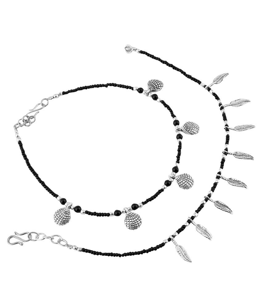     			Leaf Shell Black Beads Oxidised Silver Anklet Nazariya Combo for Women and Girls