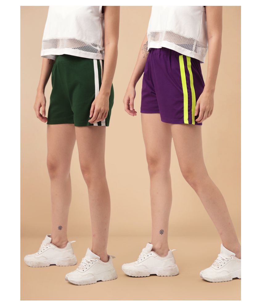 The Dry State Green,Purple Cotton Solid Shorts