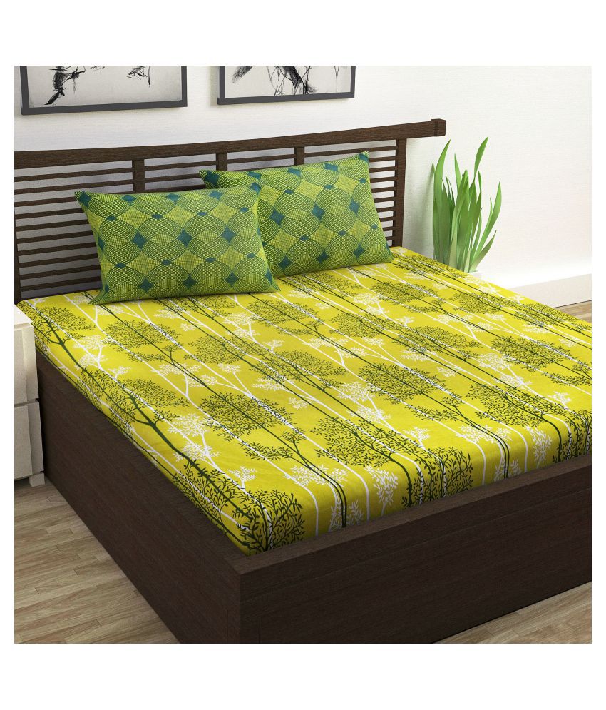     			DIVINE CASA - Yellow Cotton Double Bedsheet with 2 Pillow Covers
