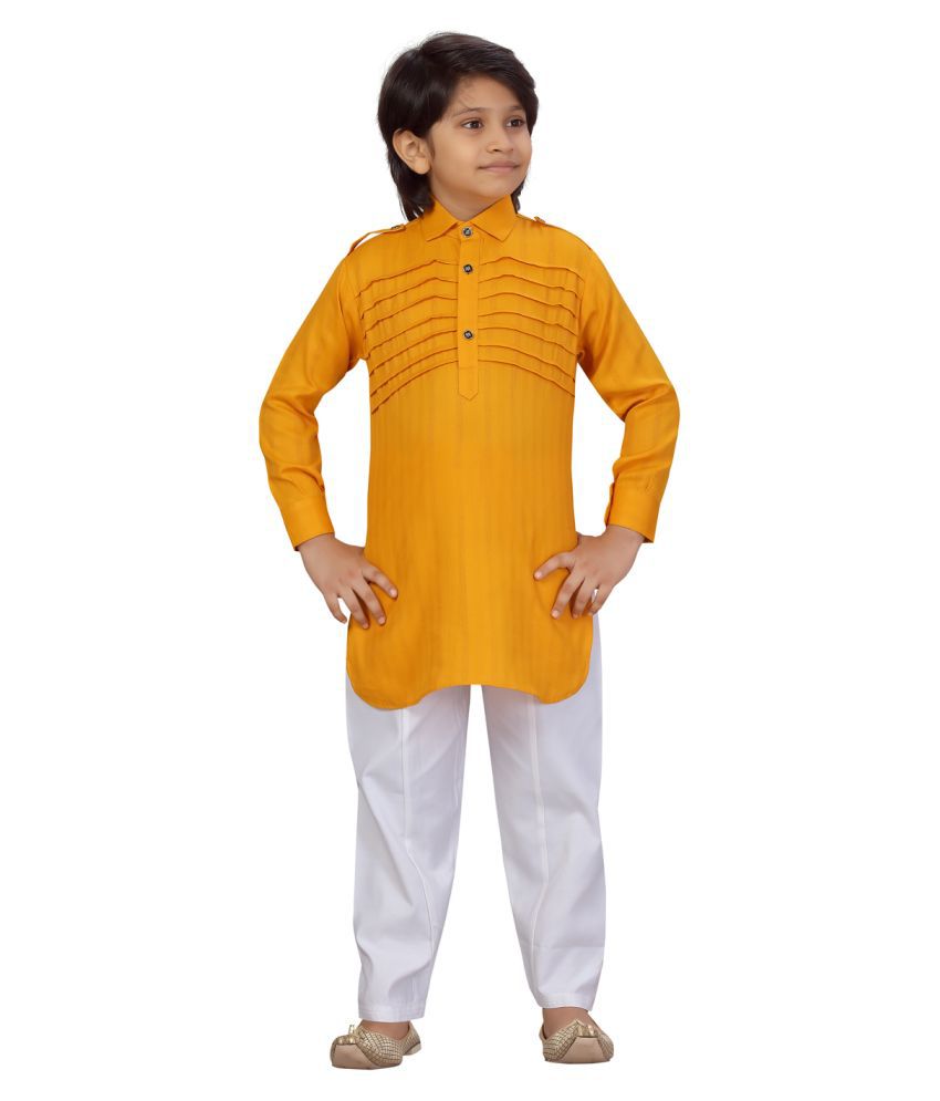 Little Mafia By Aarika Boys Yellow-White Color Pathani Kurta Pyjama Set