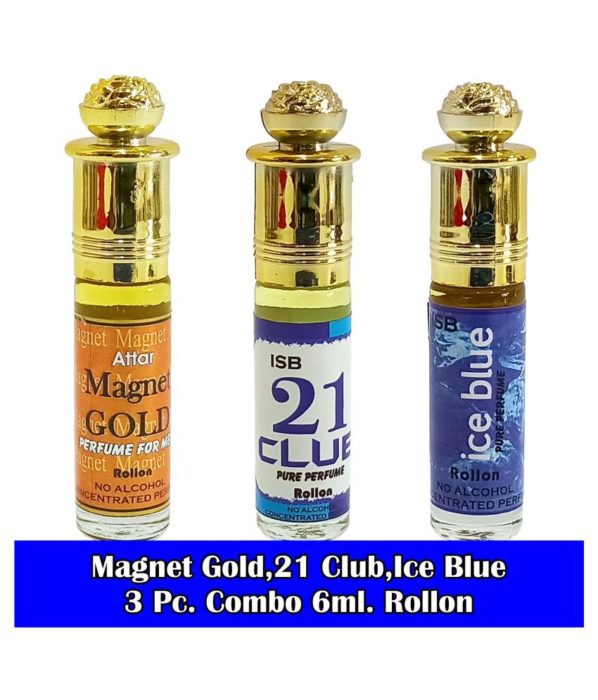     			INDRA SUGANDH BHANDAR Attar MAGNET GOLD, 21 CLUB & ICE BLUE 6ml Rollon 3 Pc. Combo Pack