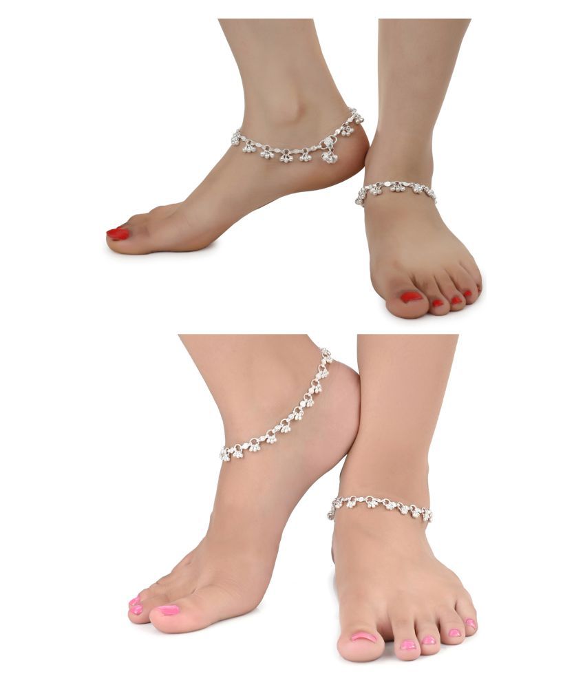     			AanyaCentric Combo of 2 Pair Silver Plated White Metal Indian Traditional Ethnic Payal Anklets