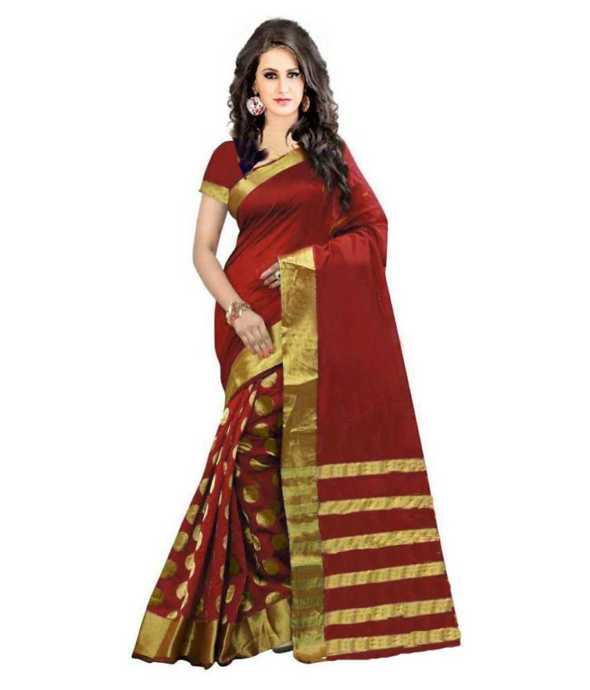     			Bhuwal Fashion - Red Cotton Blend Saree With Blouse Piece (Pack of 1)