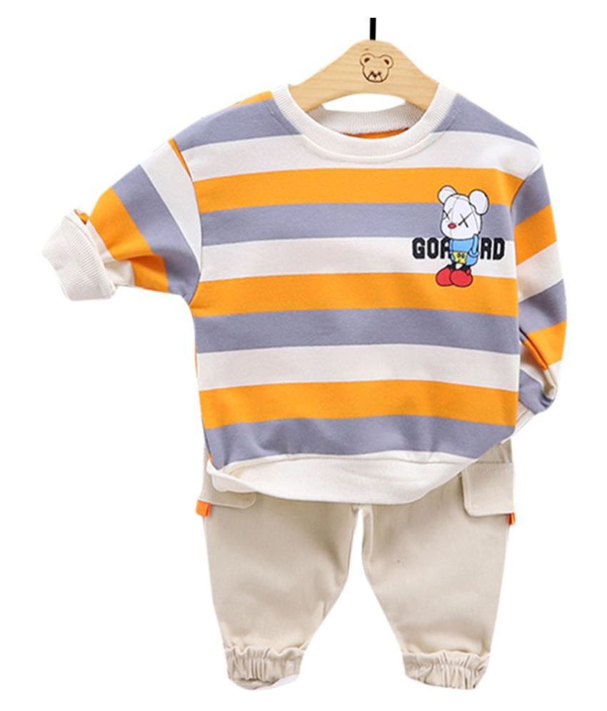 Hopscotch Boys Cotton And Spandex Full Sleeves Horizontal Stripes T-Shirt And Pant Set in Orange Color For Ages 2-3 Years (FB3-3134187)